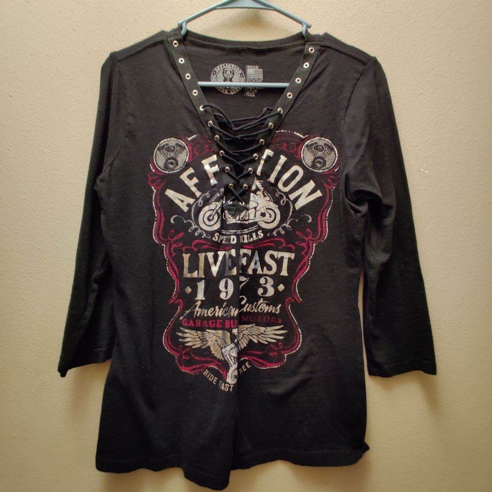 Women's Black Lace-Up Graphic Top Affliction Size medium